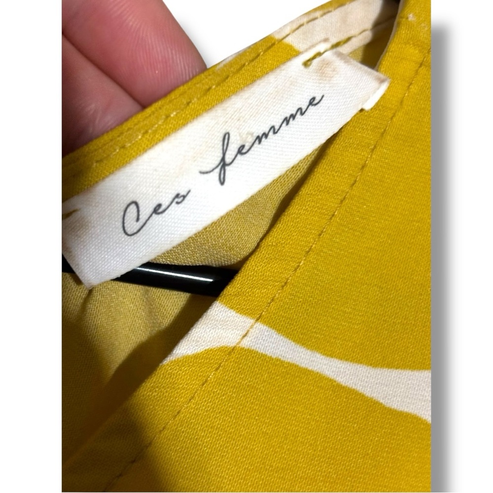 Ces Femme Yellow and White Long Balloon Sleeve Lightweight Flowy V-Neck Blouse - Picture 13 of 16